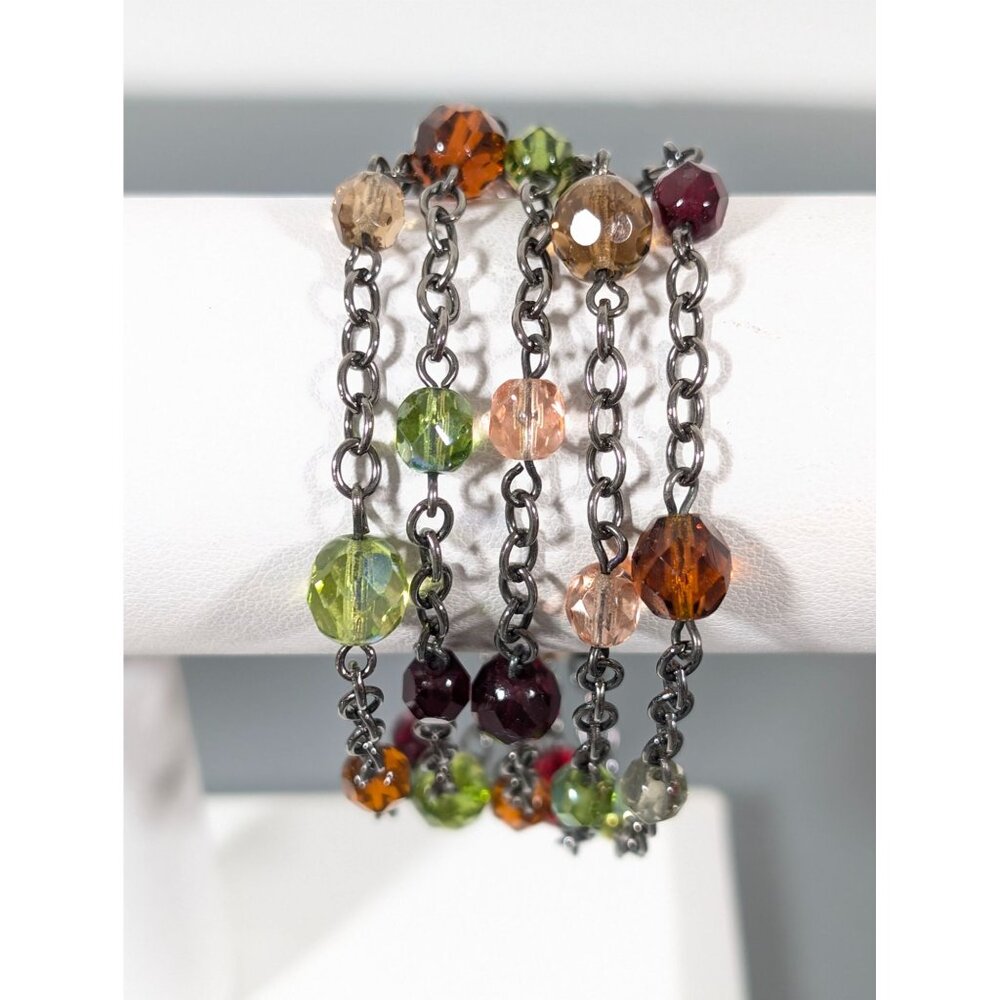 Green Red Glass Bead Gray‎ Metal 5 Chain Toggle Bracelet 6.5"